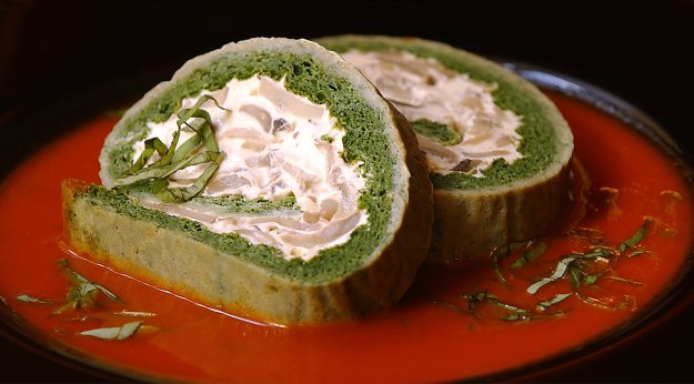 Spinach Roulade with Tomato Basil Sauce