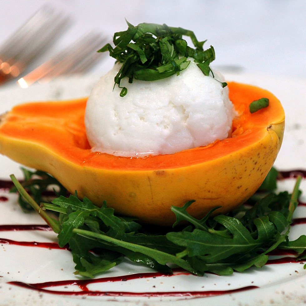 Papaya with Lemon Basil and Vodka Sorbet©Kevin Ashton