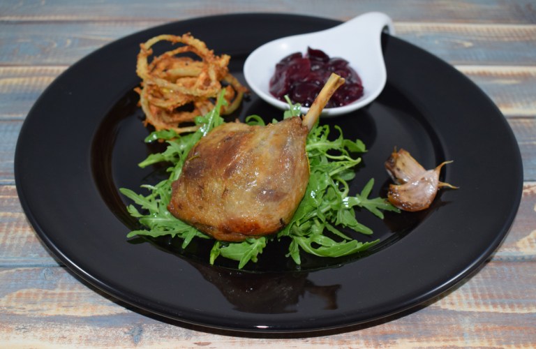Duck Confit with Griottine Chutney & Deep Fried Spicy Onions